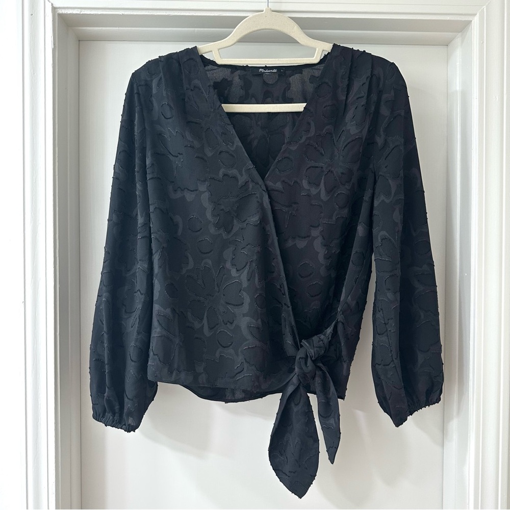 Madewell Black Floral Jacquard Side Tie Wrap Top, Size Medium - Picture 1 of 10